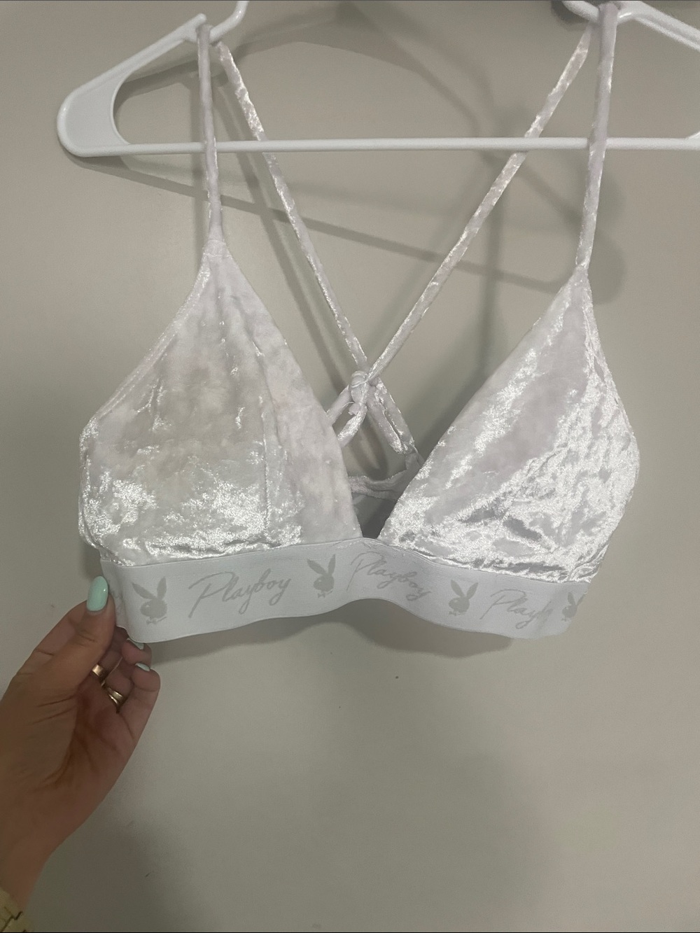 PLAYBOY White Velvet Triangle Bralette with Logo Band
